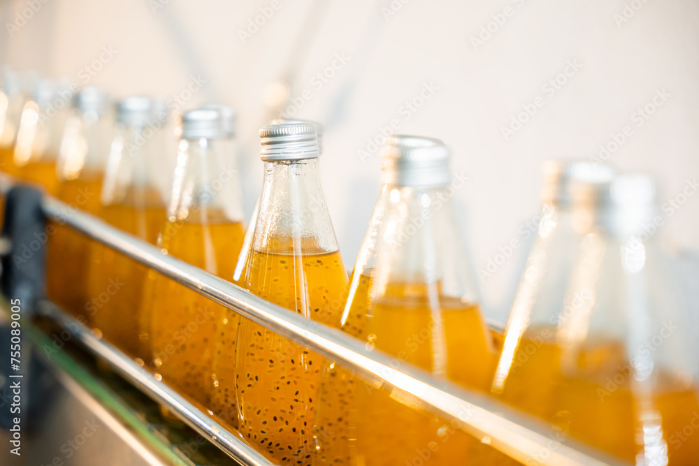 Basil or chia seed drinks with pomegranate are efficiently filled into transparent bottles on the factory's conveyor belt. Clean automated manufacturing depicts quality. Basil or chia seed drinks with pomegranate are efficiently filled into transparent bottles on the factory's conveyor belt. Clean automated manufacturing depicts quality.