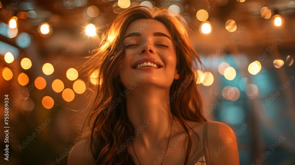 Fototapeta premium Dance, night and disco with black woman at party for club, celebration and energy. Concert, music and rave with girl dancing in crowd for new year, freedom and entertainment at dj festival event