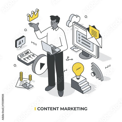 Content marketing. Man with a laptop is surrounded by digital content objects. Crown symbol hovers above his hand, indicating that good content is essential in marketing. Isometric illustration