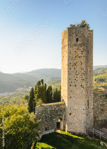 Tuscany, Serravalle Pistoiese, Pistoia panoramic view landscape with medieval tower  "Rocca Nova ", Italy.