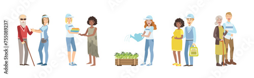 People Volunteer Character Give Help and Support Vector Set