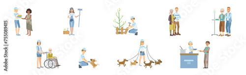 People Volunteer Character Give Help and Support Vector Set