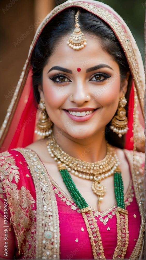 Captivating Bridal Bliss: Portrait of an Attractive Indian Bride Radiating Beauty in Bridal Lehenga and Ornate Jewelry, generative ai