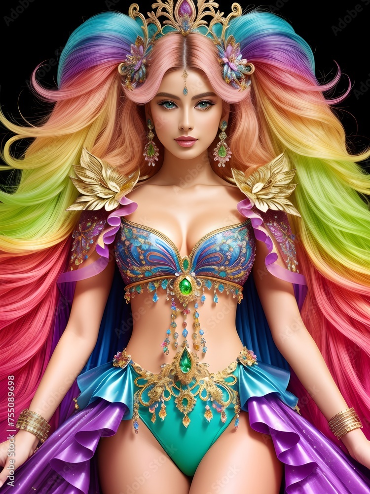 Obraz premium Bright futuristic girl with jewelry and colorful hair,vertical