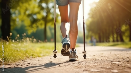 Close up of person of retirement age engaged in Nordic walking in the park, healthy lifestyle photo