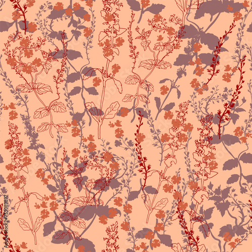 Ditsy seamless pattern of wild herbs and grasses on peach fuzz background. Trendy color floral seamless pattern for wallpaper, textile, bedding, package. Vector illustration