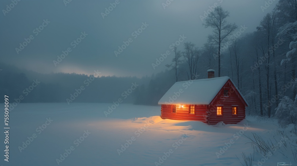 Cozy cabin in a snowy landscape at dusk, embodying tranquility and the essence of 'Calming Rhythms'.