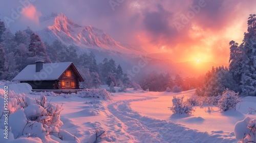 Cozy cabin in a snowy landscape at dusk, embodying tranquility and the essence of 'Calming Rhythms'. photo