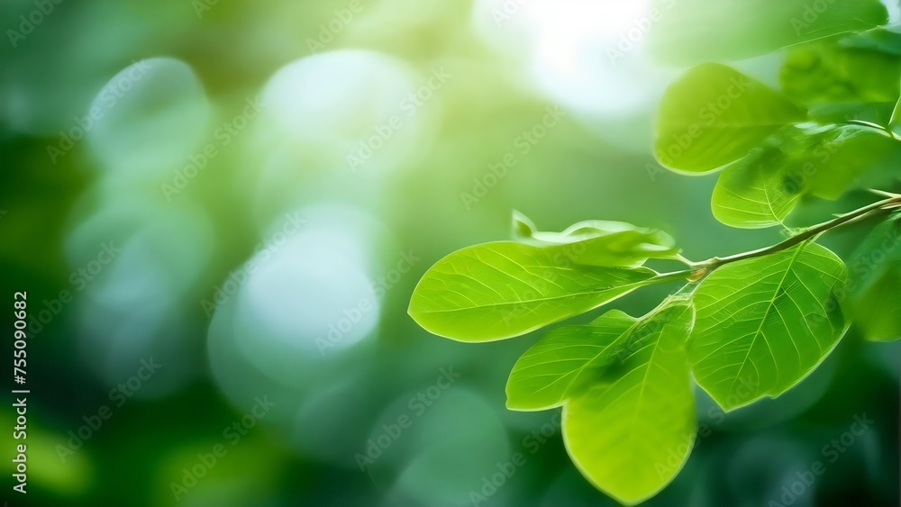 Calm nature background of spring leaves: A close-up view of a tree branch covered in vibrant green leaves, new growth in the spring season, wallpaper Calm nature background of spring leaves: A close-up view of a tree branch covered in vibrant green leaves, new growth in the spring season, wallpaper