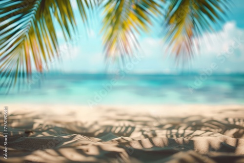 A blurred scene of a beach featuring a single palm tree swaying in the wind.