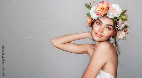 Beautiful woman with a wreath on her head from real flowers.