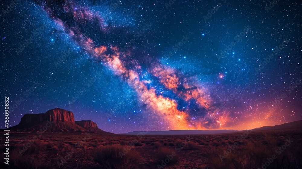 Spectacular night sky over a serene desert, inspiring wonder with shooting stars and galaxies.