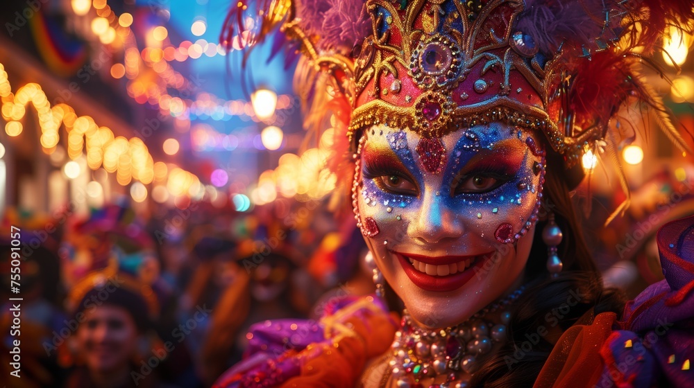 Vibrant carnival scene with dynamic lighting and joyful expressions, capturing the essence of festivity.