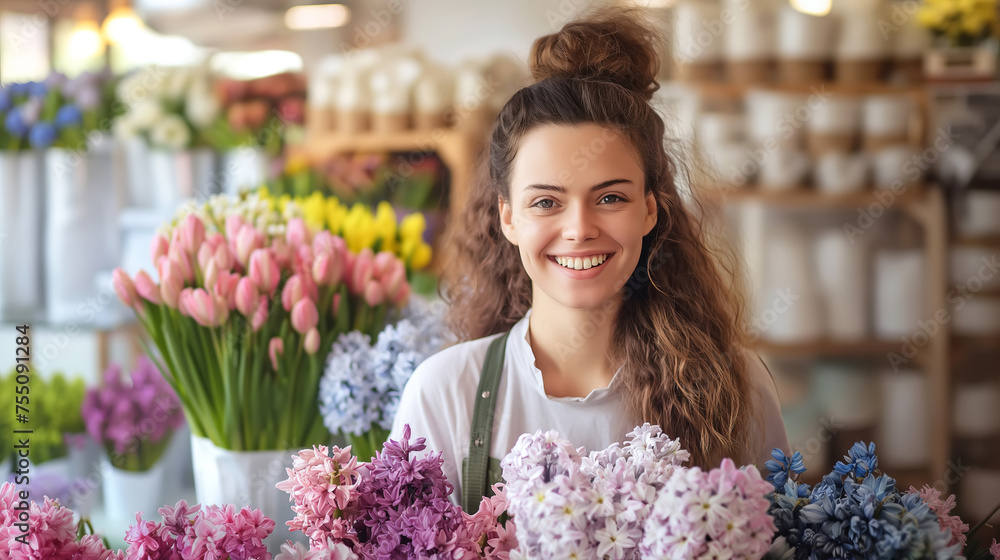 Joyful female florist selling fresh spring flowers with hyacinths and tulips