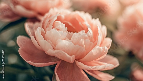 close up macro of beautiful peonies in peach fuzz color of the year 2024