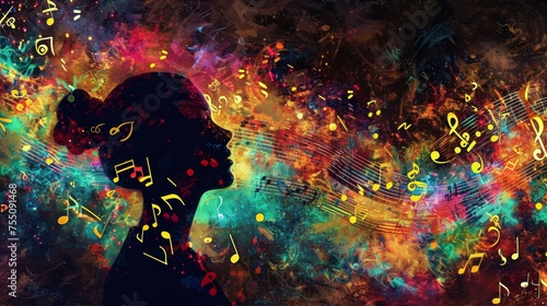 Silhouette of a female head with music notes on colorful background