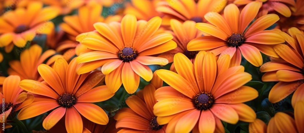 A closeup of a beautiful arrangement of orange and yellow flowers, showcasing the delicate petals and stunning colors of these flowering plants in nature A closeup of a beautiful arrangement of orange and yellow flowers, showcasing the delicate petals and stunning colors of these flowering plants in nature