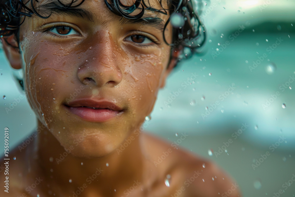 Close-up Portrait of Boy with Sea Water Droplets on Face