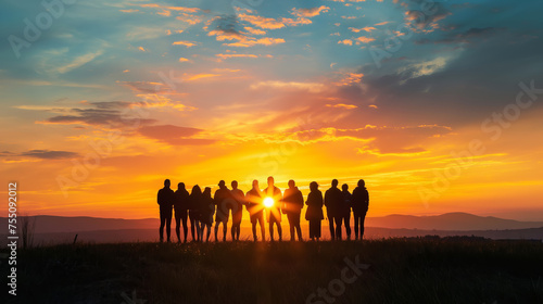 Silhouettes of diverse people stand against dramatic sunset, reflecting unity and camaraderie on scenic hilltop photo