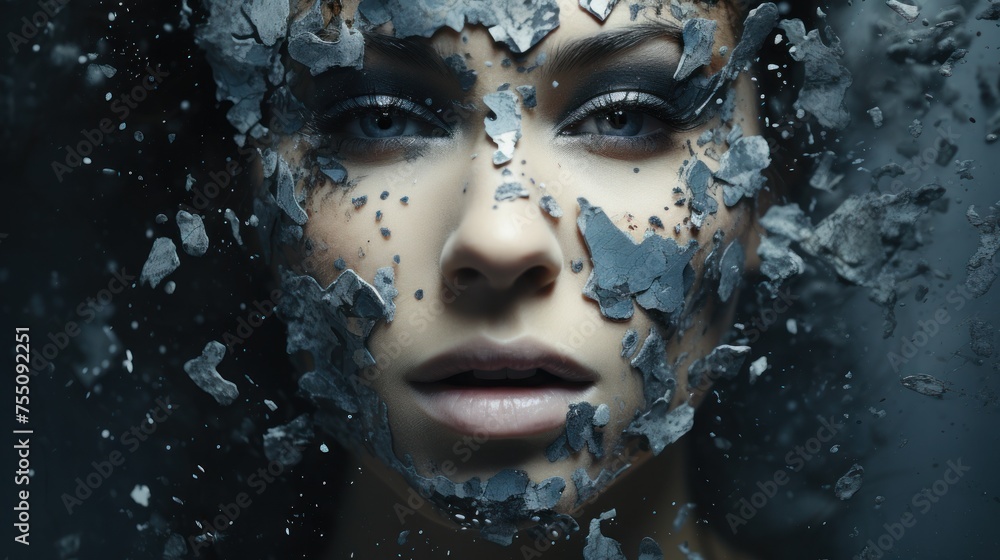 Woman's face with a cracked, shattering effect Woman's face with a cracked, shattering effect