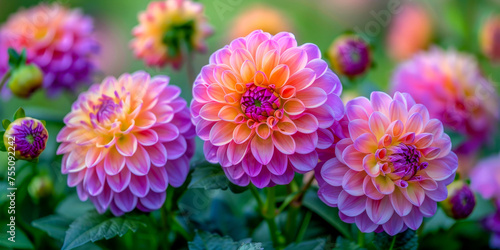 Intricate beauty of pink and yellow dahlia flowers against a soft  natural green background