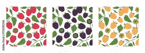 Berries seamless pattern. Raspberry, blackberry and yellow raspberries endless design, fresh berry for healthy nutrition flat vector background illustration set. Hand drawn forest berries patterns