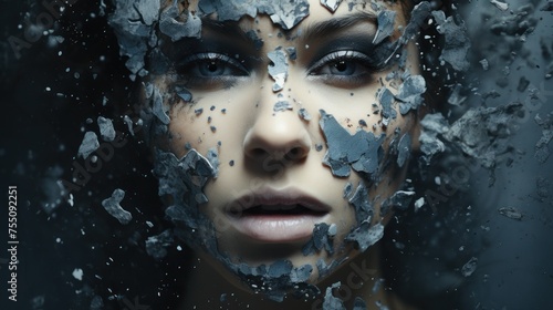 Woman's face with a cracked, shattering effect
