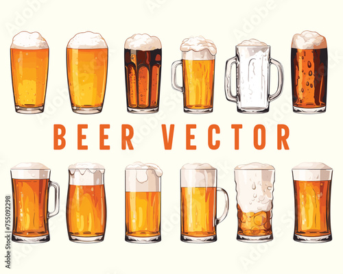Vector beer mugs with foam beer set in vintage style isolated on the background