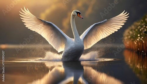 swan spreads its wings at dawn
