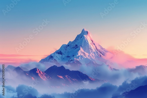 A single mountain peak stands tall against a colorful sky filled with clouds during sunset. © pham