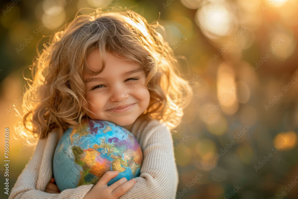 Fototapeta premium A joyful young girl with a captivating smile cradles a colorful globe in a sunlit autumn park
