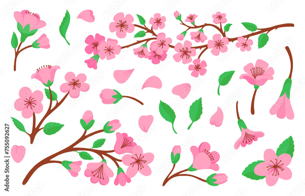 Blossom sakura branches and flowers. Pink cherry tree floral petals. Oriental spring festive, japanese symbol. Blooming peach branch, neoteric vector set