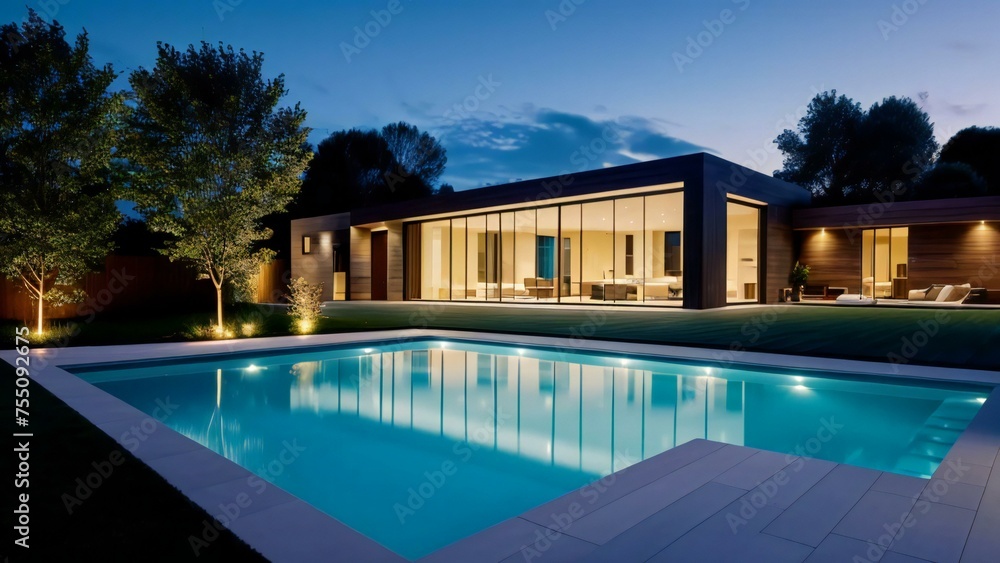 Fototapeta premium Luxury house with pool at twilight, modern architecture, illuminated home exterior