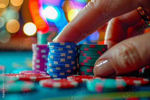 Close-up of a hand arranging a stack of colorful poker chips on a casino table