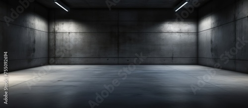 The image showcases an empty parking garage with bright lights illuminating the ceiling. The concrete room is devoid of any vehicles, creating an abstract and slightly eerie atmosphere.