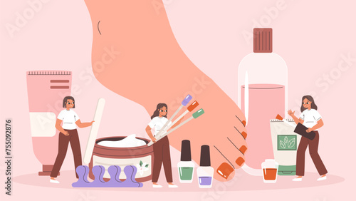 Pedicure scene. Beauty salon professionals caring foot. Tiny girls doing medical beautical procedure, nail art and legs caring, snugly vector scene
