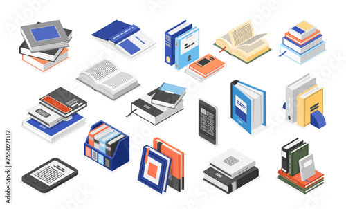 Isometric library books. Digital and paper book, reading and learning elements. Education, literature and training. Bookstore or school flawless vector set