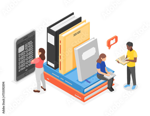Isometric books concept. Students learning with digital and paper book, reading and communication. Literature, training and education, flawless vector scene