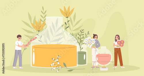 Natural cosmetics creation. Eco herbs and flowers for cosmetic, essential oils or fragrance. Homemade perfume, young creators snugly vector scene © MicroOne