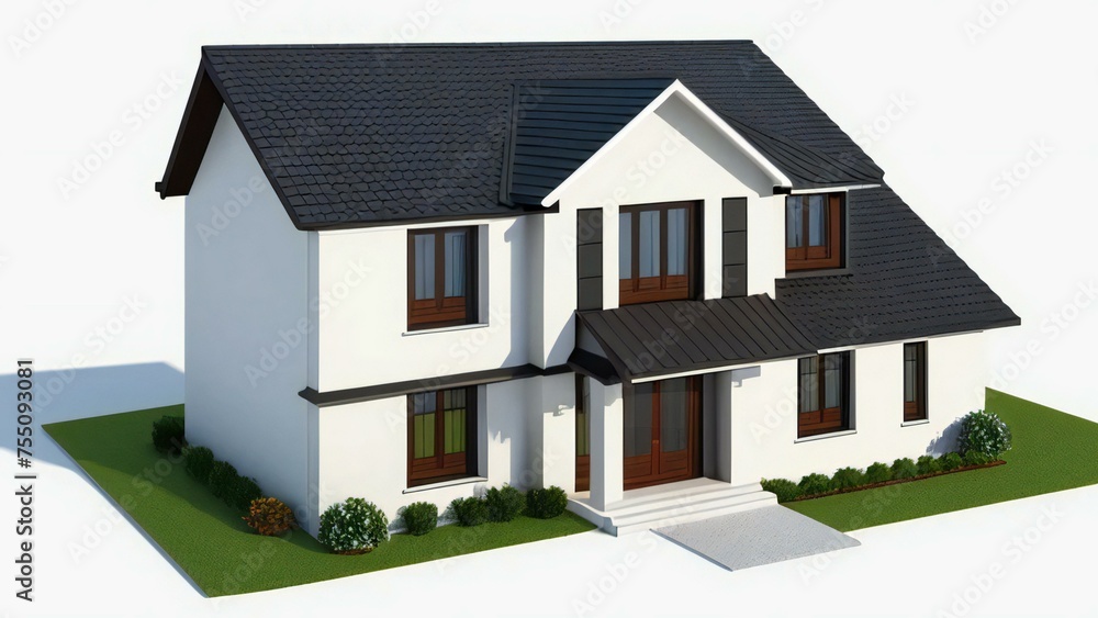 3D rendering of a modern two-story house with a gable roof and solar panels on white background.