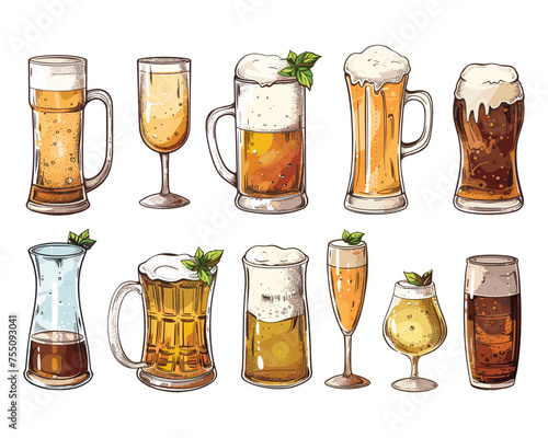 Vector beer mugs with foam beer set in vintage style isolated on the background