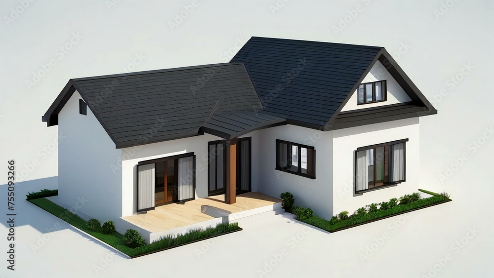 Modern detached house with white walls and dark roof on a white background, 3D illustration.