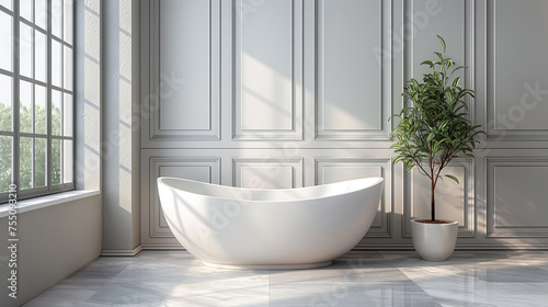Spacious modern bathroom bathed in natural light features a freestanding tub and lush indoor plants © colnihko