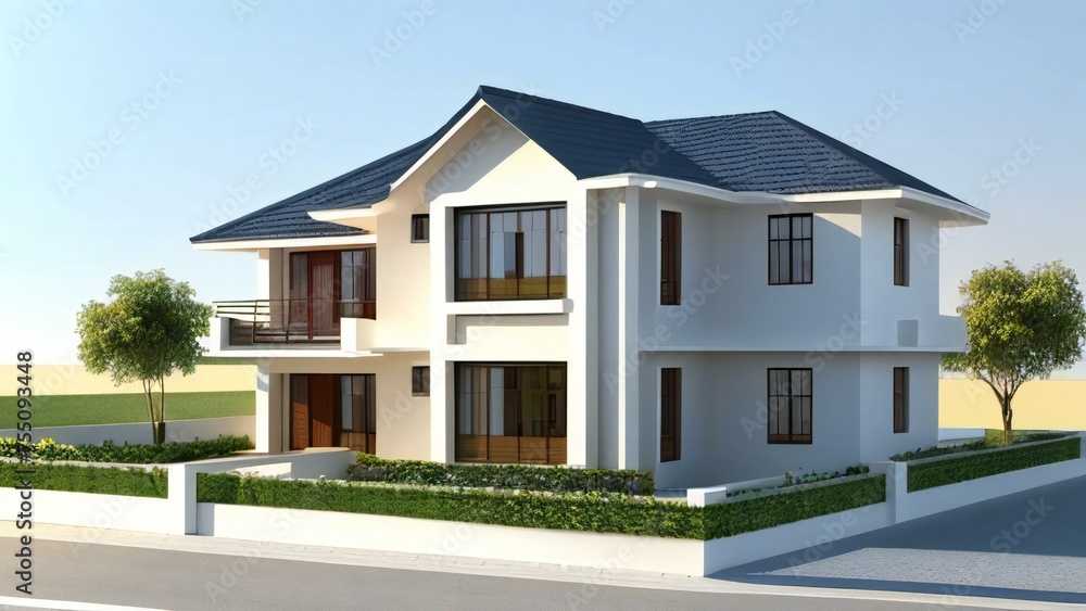 Modern two-story house with balconies and a clear sky, perfect for real estate concepts. Modern two-story house with balconies and a clear sky, perfect for real estate concepts.