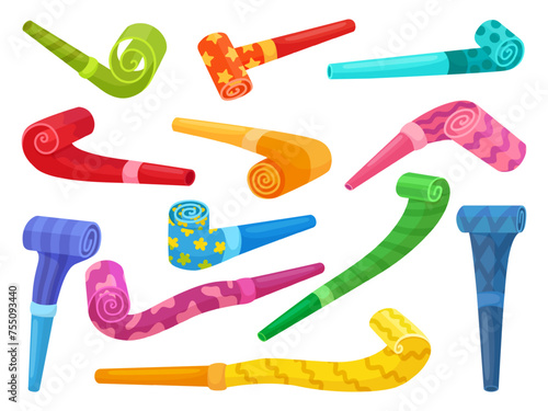 Color party blowers. Paper blower for birthday or festival time. Children toys or fans accessories. Tube horns, decorative whistles neoteric cartoon vector set