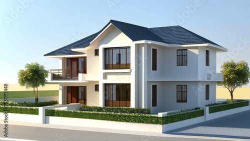 Modern two-story house with balconies and a clear sky, perfect for real estate concepts.