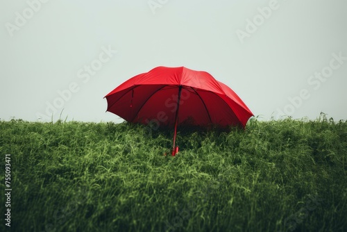 Verdant Red umbrella green grass. Rain park grass. Generate Ai