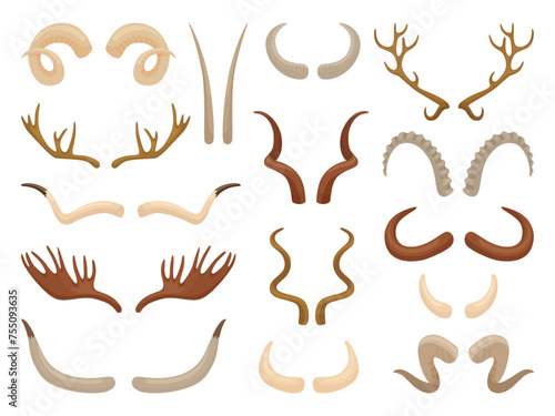 Cartoon horns set. Isolated animal horn, antlers of reindeer, antelope, deer and moose. Decorative wildlife animals hunters trophies neoteric vector clipart