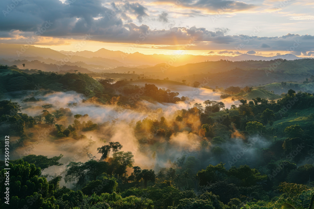 An enchanting sunrise spreads golden rays through the mist covering a serene forested valley
