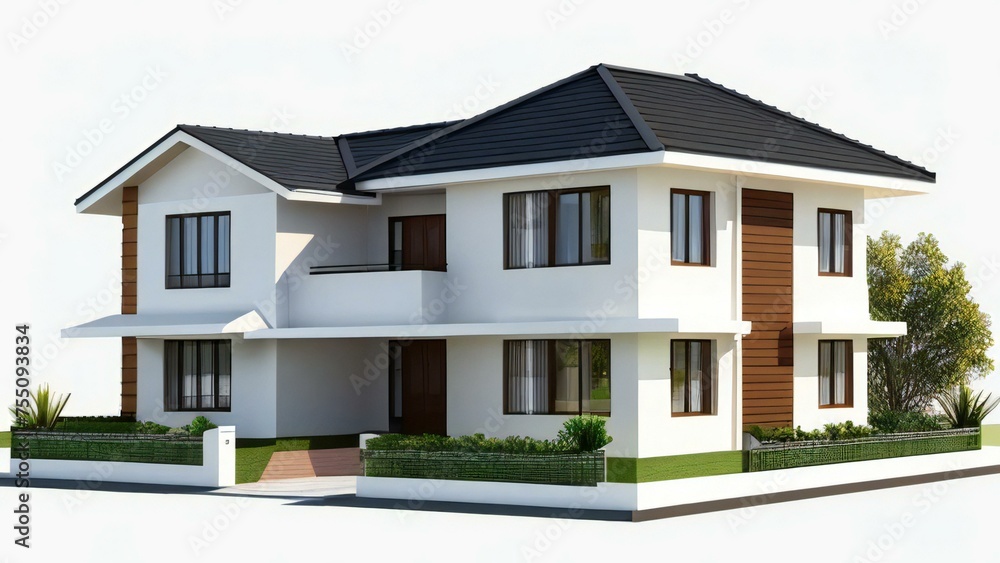 Modern two-story house with white walls, dark roof, and wooden accents, isolated on a white background with green landscaping.